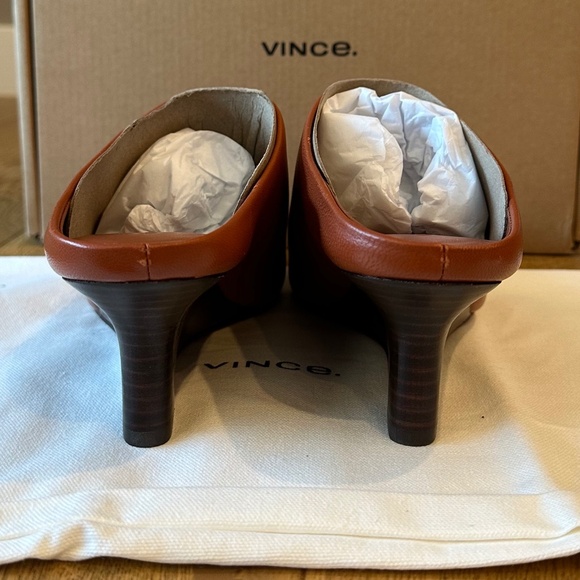 Vince Leather Benita Square Toe Slip On Clog Wedge Heel Pumps (Rust Amber) - Picture 14 of 16